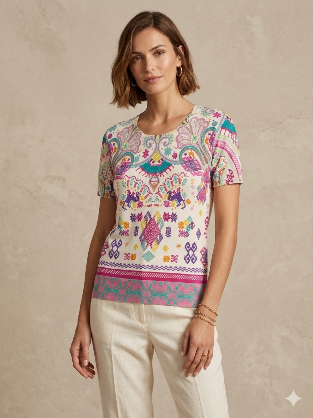 Etro Italy Stretch-Silk Knit Short Sleeve Top Blouse Multicolor Paisley - Size M